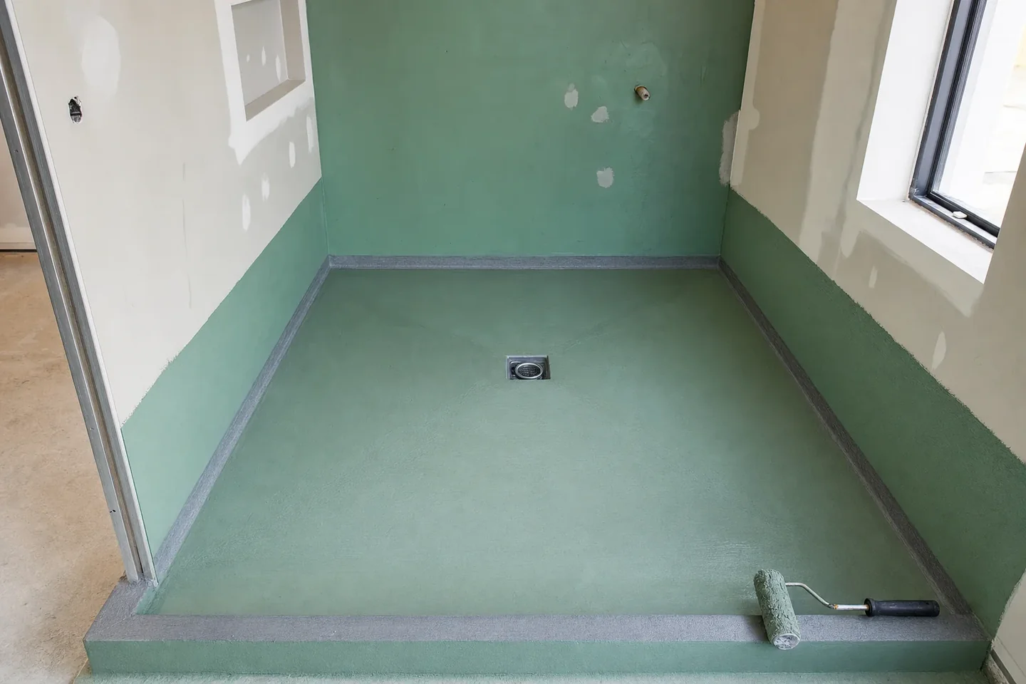 Perth bathroom at waterproofing stage with membrane over the shower floor and turned up the walls before tiling