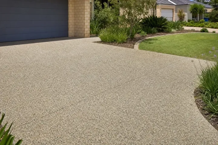 Exposed aggregate concrete surface showing stone finish and batch colour variation