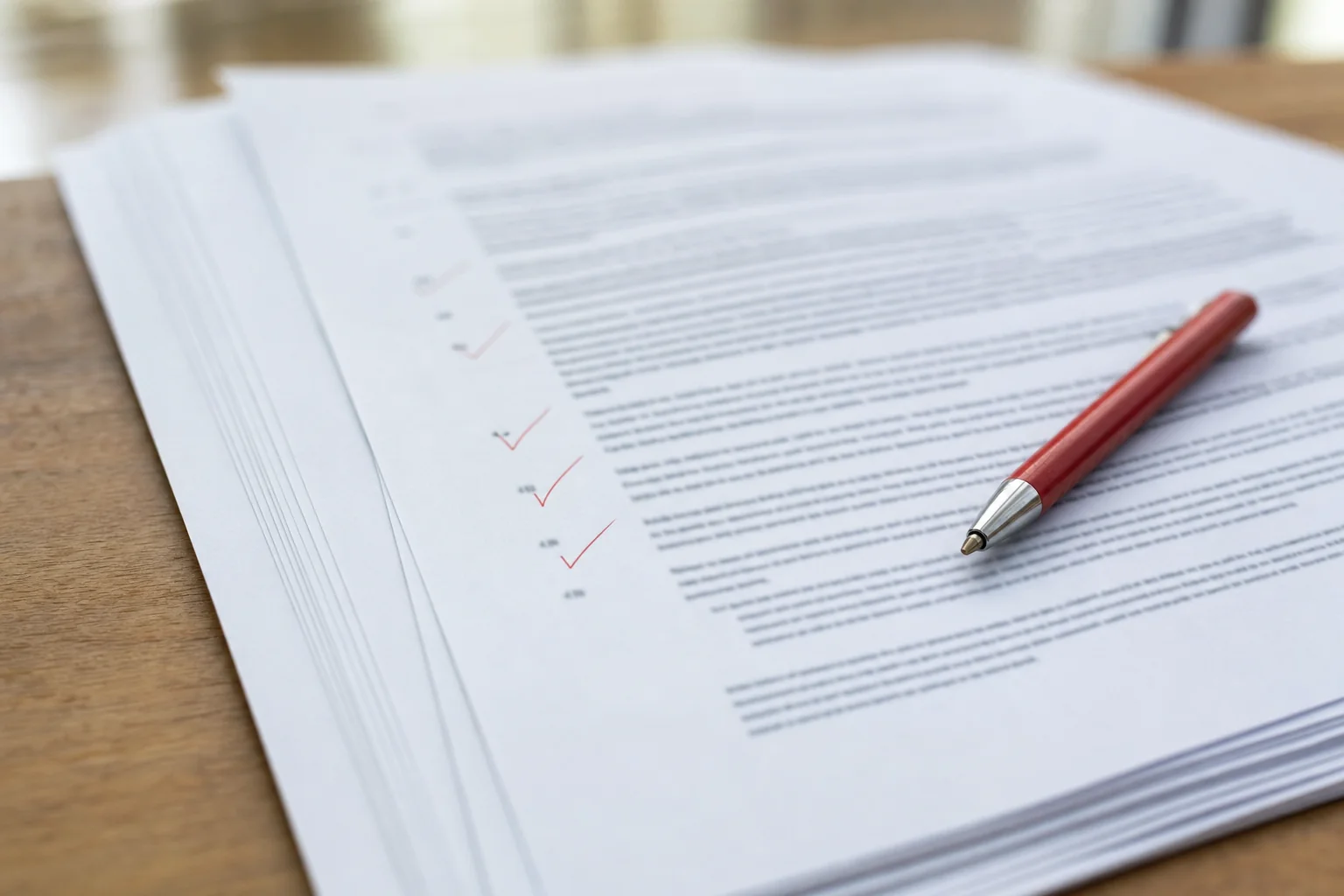 Construction subcontract with key clauses highlighted and a red pen resting on top