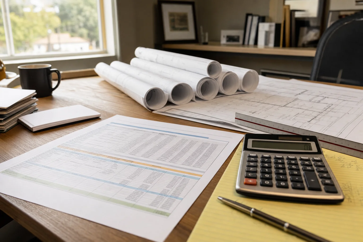 Construction estimator's desk with a calculator, cost breakdown and rolled plans in Perth