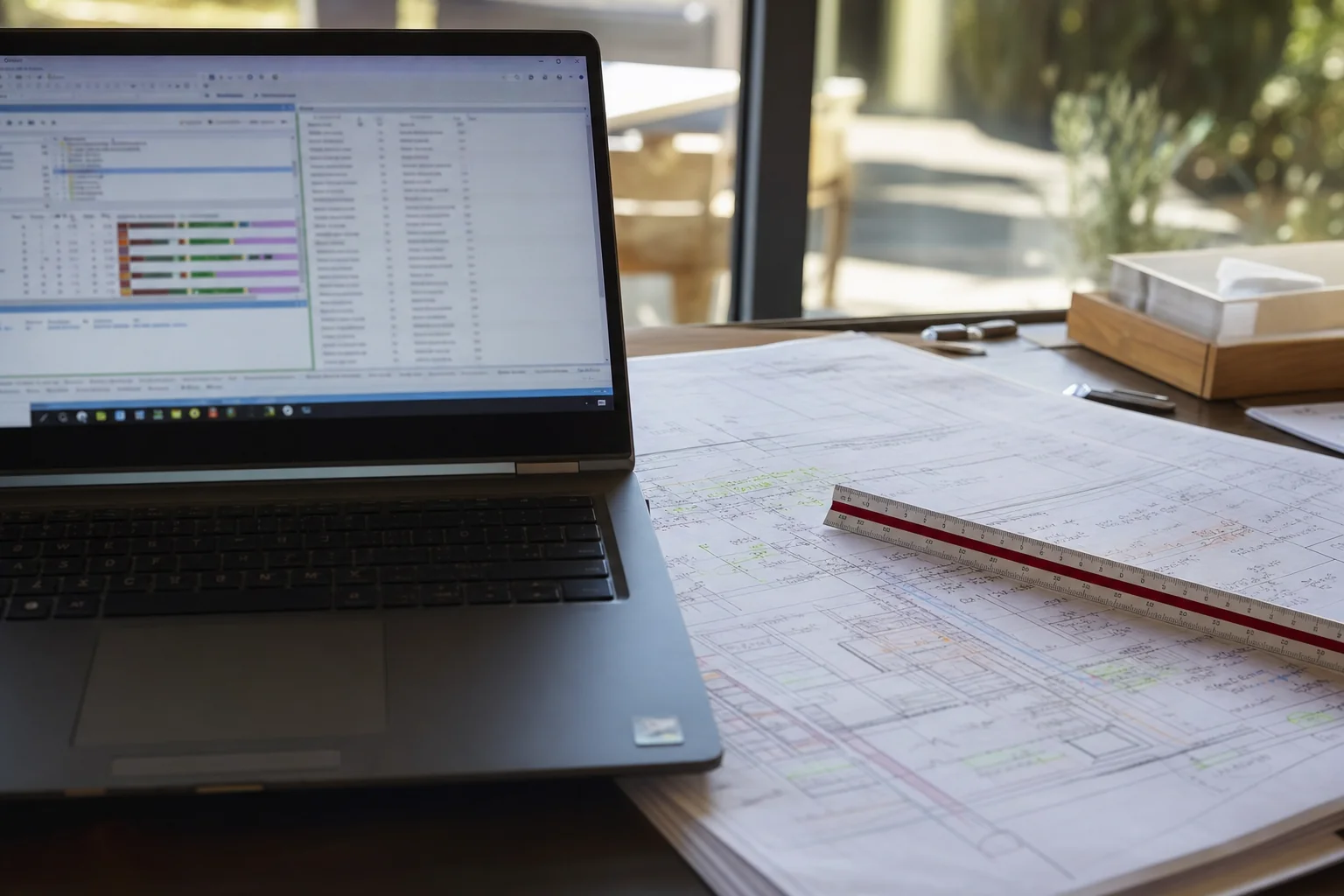 Estimating software on a laptop beside hand-marked paper construction plans on a Perth desk