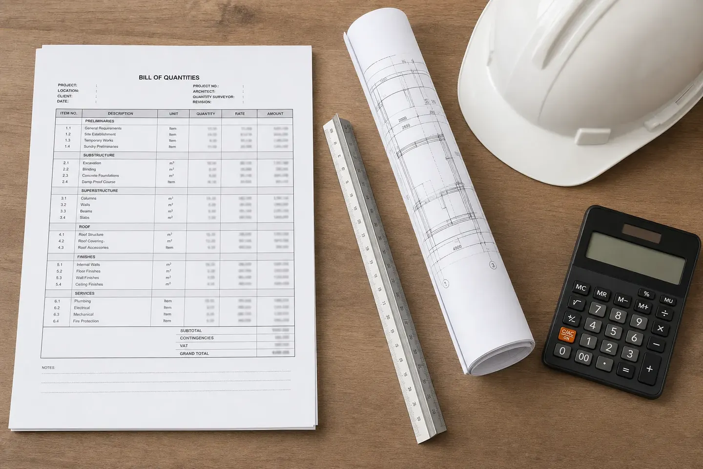 Construction bill of quantities beside architectural drawings, a scale ruler and a hard hat on a desk