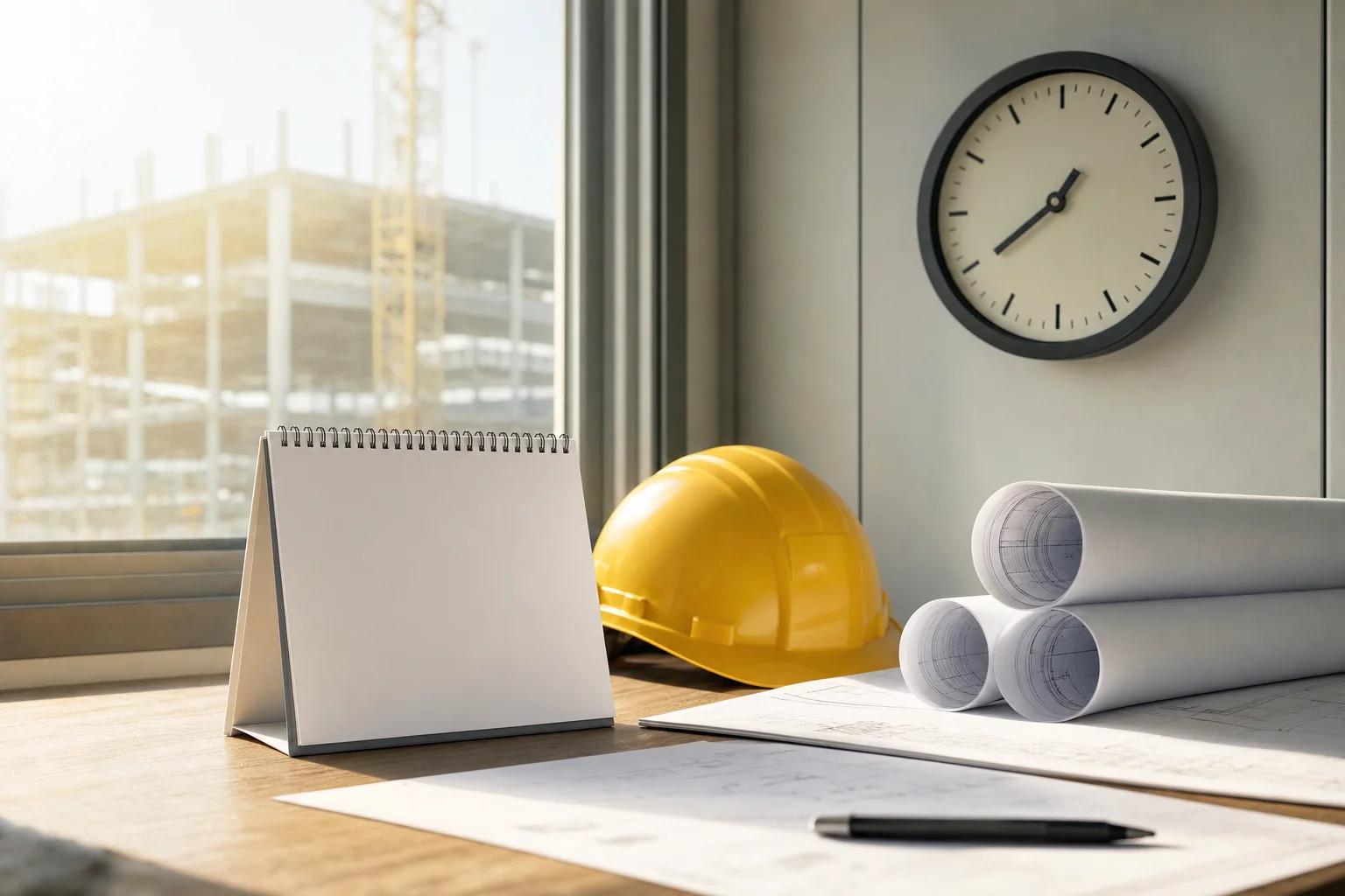 Desk calendar and clock beside rolled construction plans and a hard hat