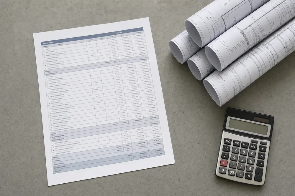 Construction bill of quantities printout beside rolled architectural drawings
