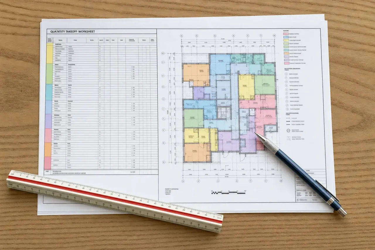Concrete quantity takeoff worksheet beside a colour-coded structural floor plan on a Perth estimator's desk