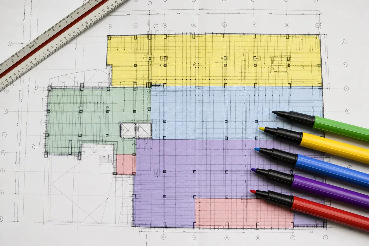 Colour-coded concrete slab plan with a scale ruler and coloured markers