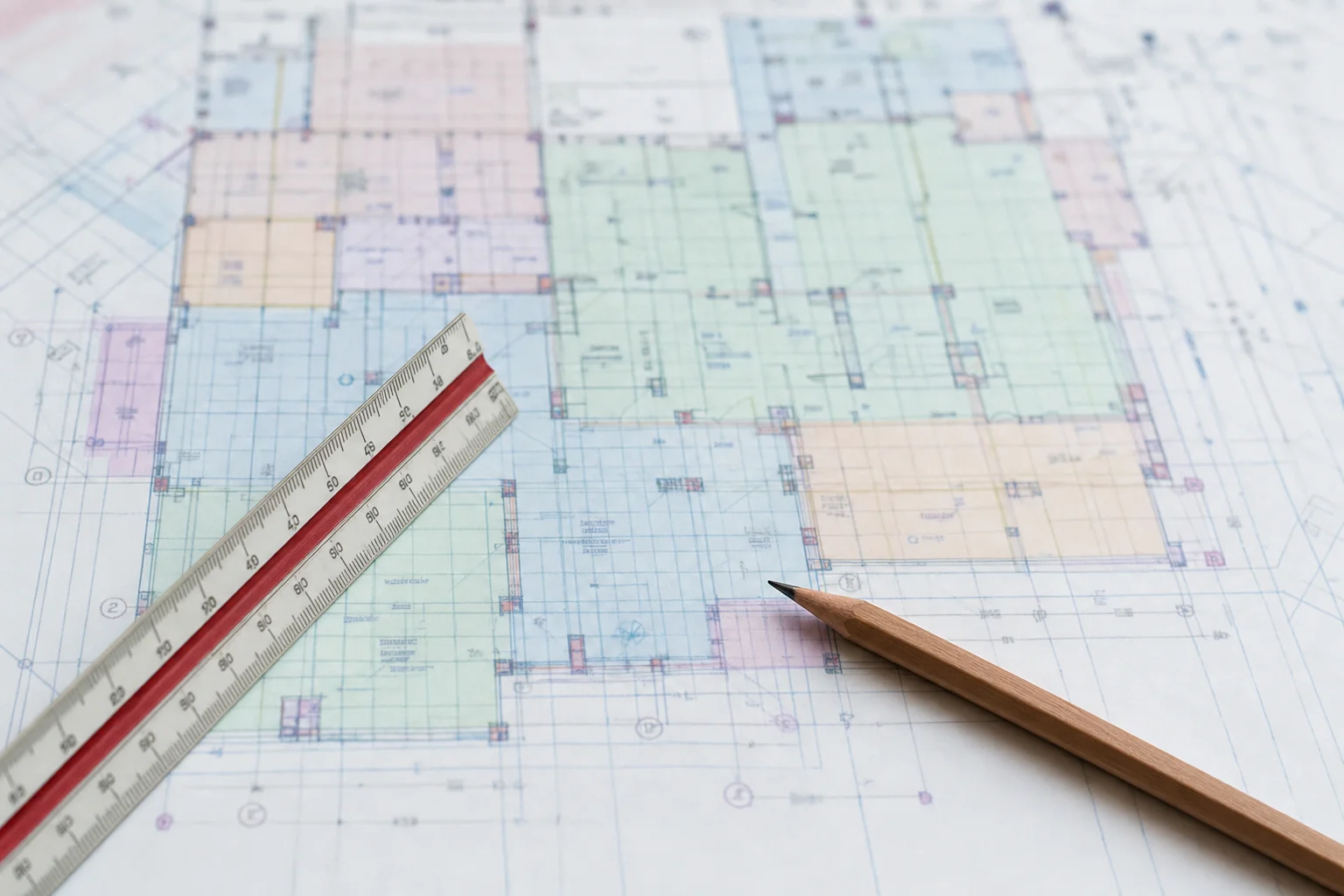 Colour-coded concrete slab takeoff marked up by room and zone on a Perth structural plan