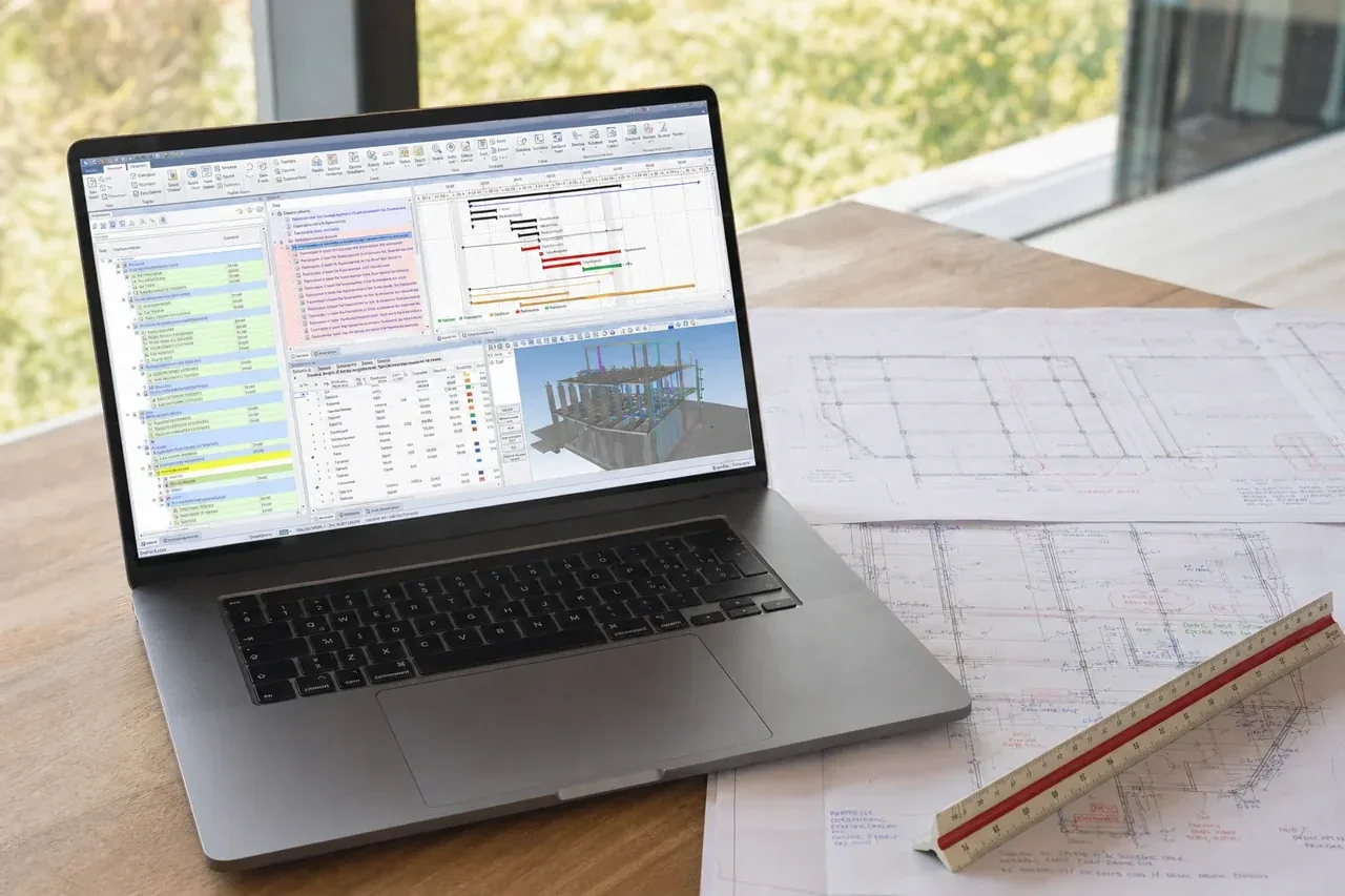 Estimating software on a laptop beside hand-marked construction plans