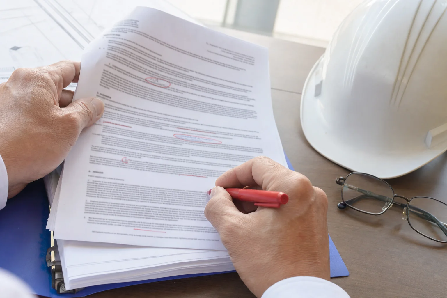 Hands marking a Perth construction subcontract with a red pen beside reading glasses and a hard hat