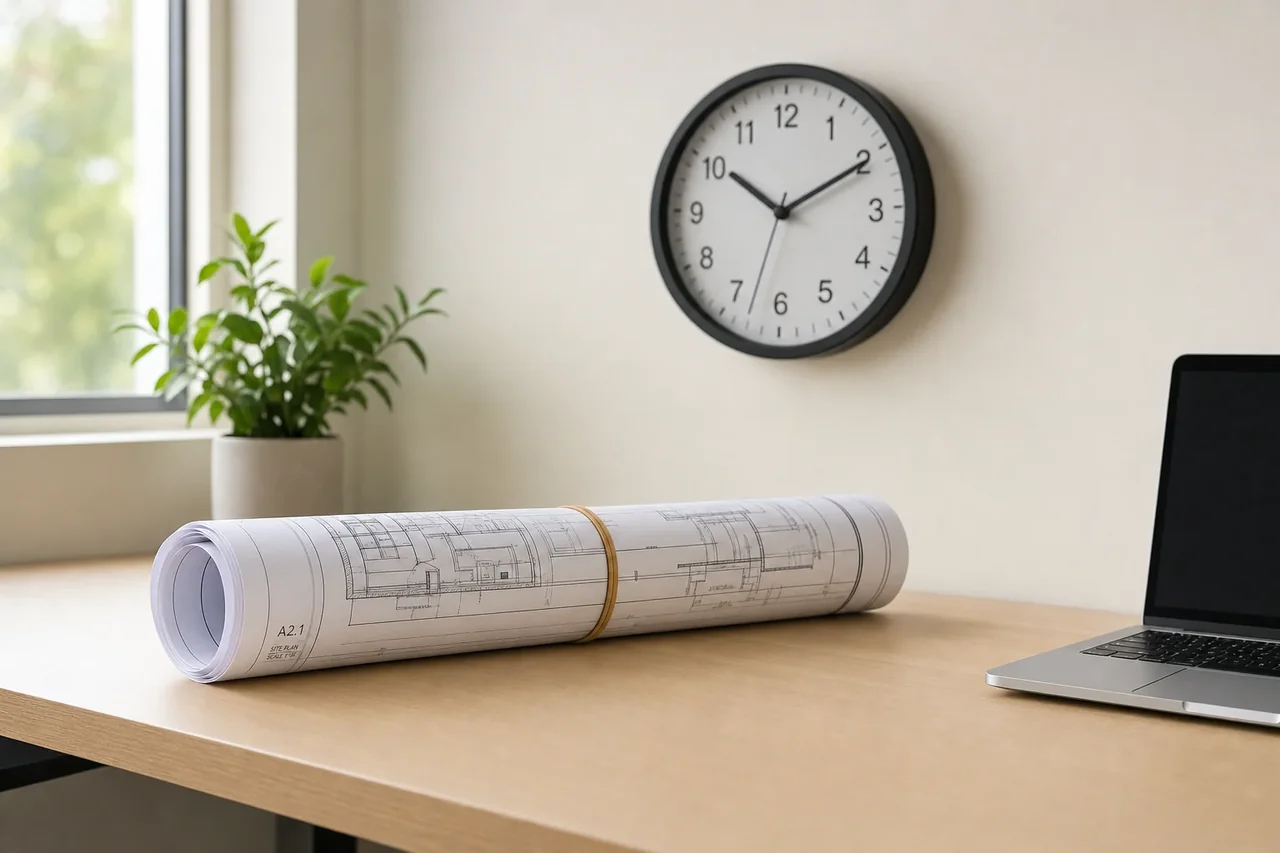 Rolled set of construction plans ready to send beside a wall clock and laptop