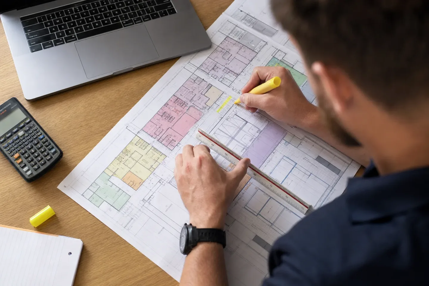 Construction estimator marking up architectural floor plans with a highlighter and scale ruler in Perth