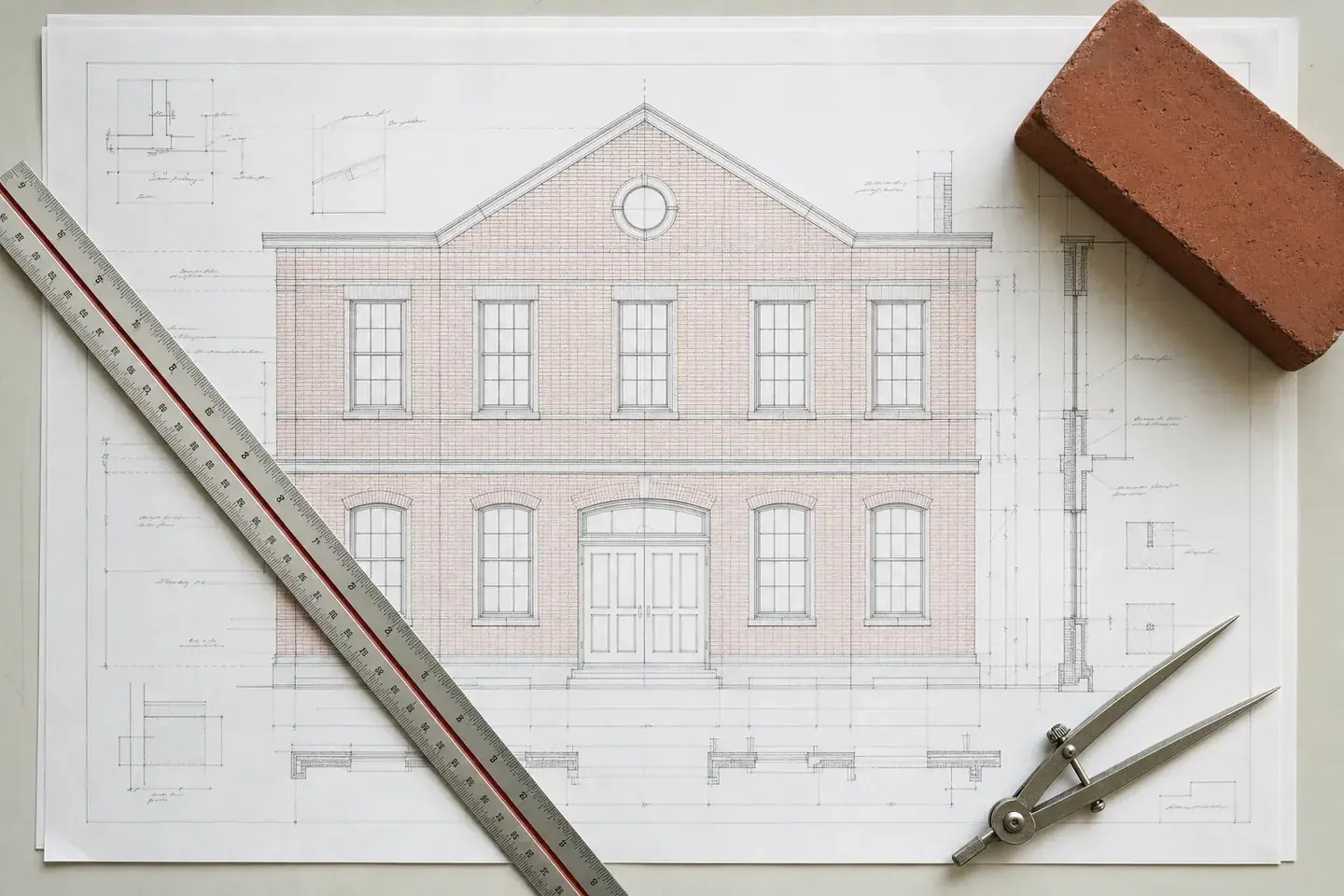 Brick wall elevation drawing showing coursing lines and window openings, with a scale rule, dividers and a clay brick
