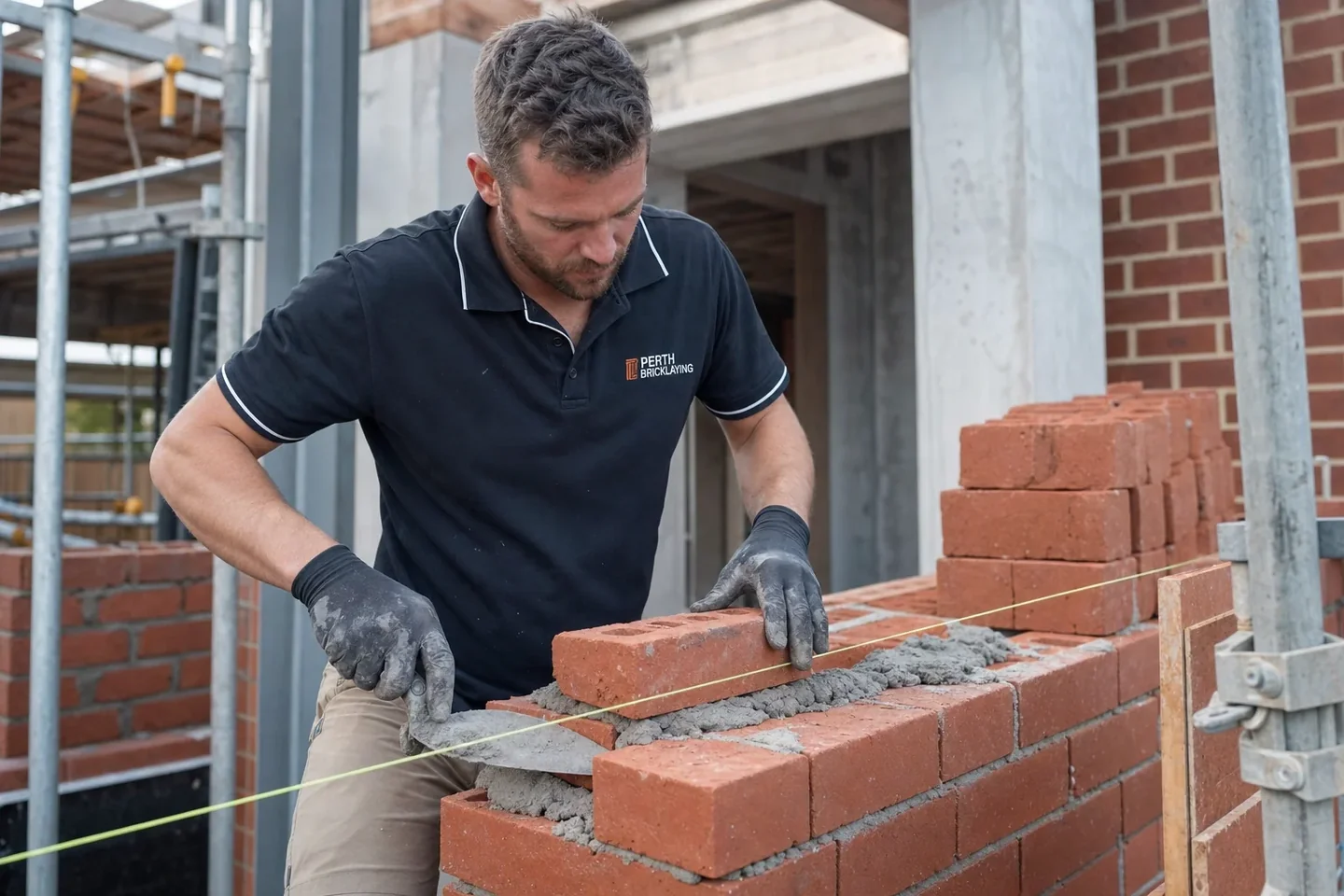 Bricklayer laying clay bricks on a Perth residential construction site