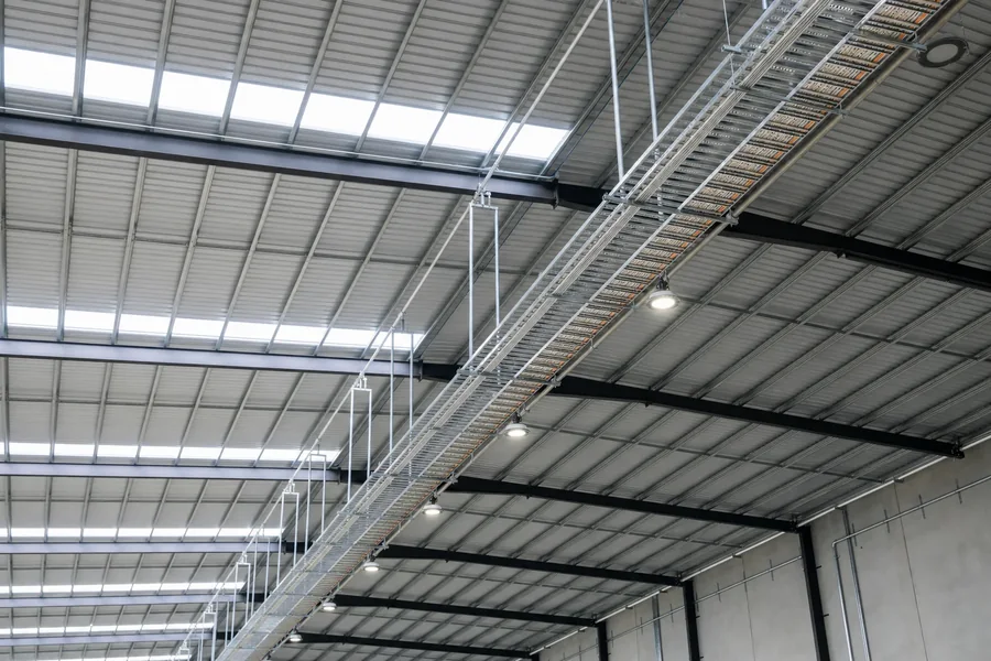 Cable ladder suspended on rod hangers beneath the roof of a Perth warehouse, carrying cable runs with high-bay light fittings mounted alongside