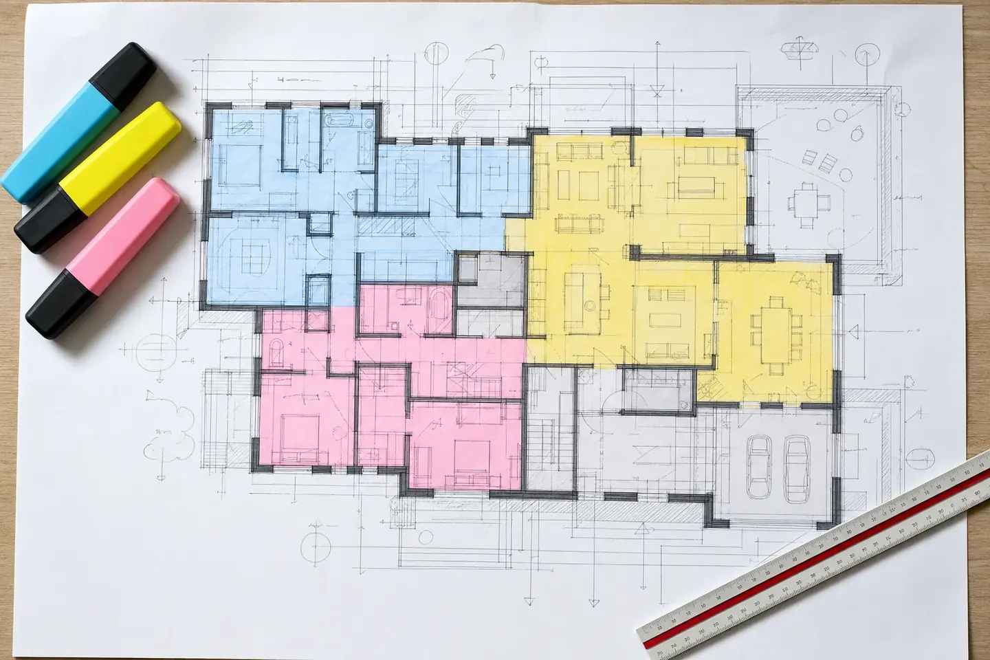 Architectural floor plan marked up with translucent highlighter blocks over different measured areas