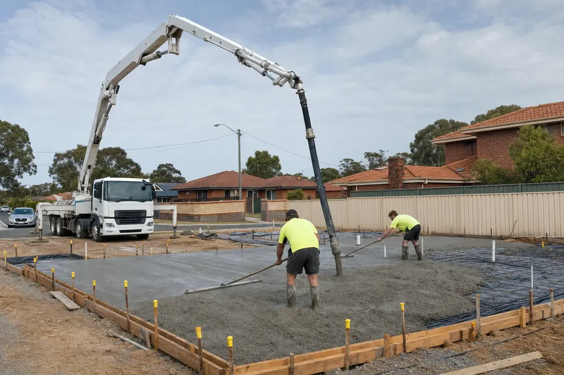 Concrete boom pump pouring a slab on a Perth commercial building site with workers screeding