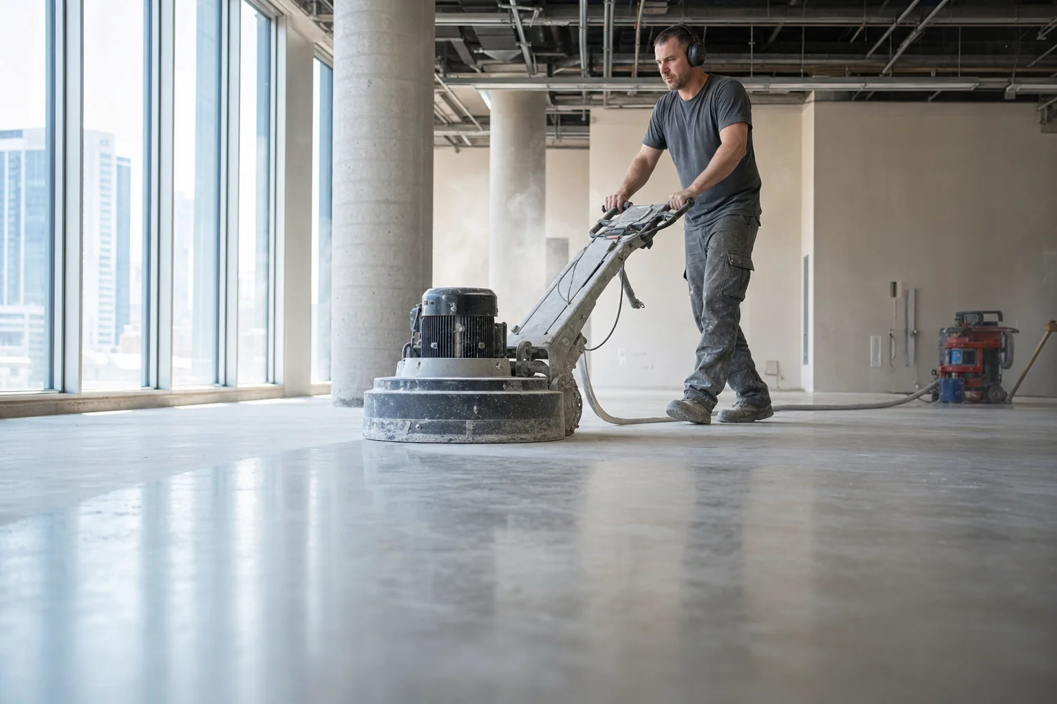 Operator running a planetary diamond grinder across a bare concrete floor in a Perth commercial building