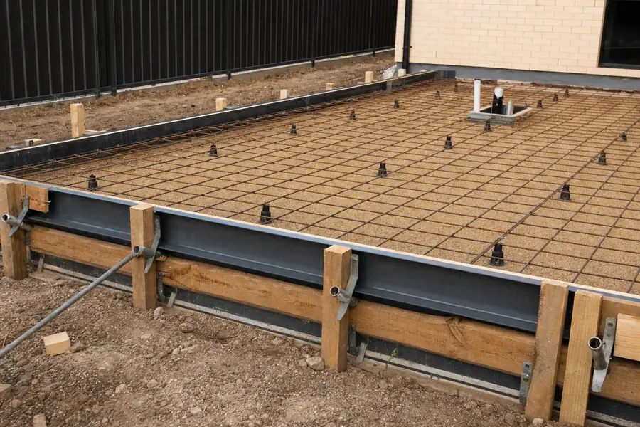 Steel edge formwork and reinforcing mesh on bar chairs ready for a residential concrete pour in Perth