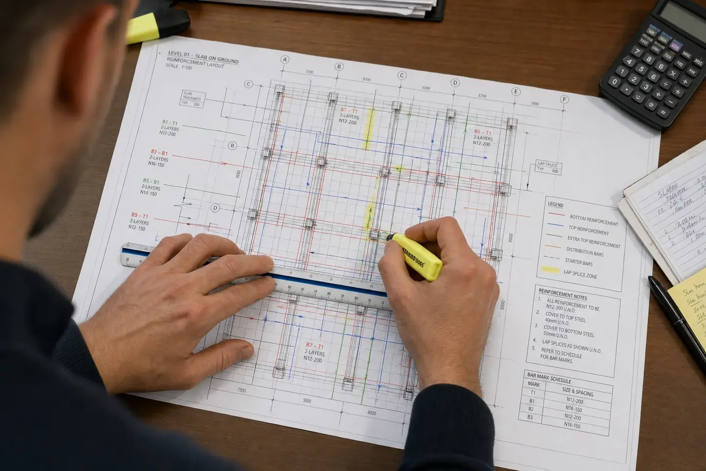 Estimator marking up a colour-coded reinforcement and rebar layout on a Perth structural concrete plan