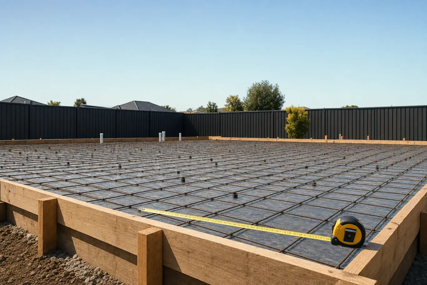 Timber formwork and steel reinforcement mesh set out for a residential concrete slab with a tape measure across the edge