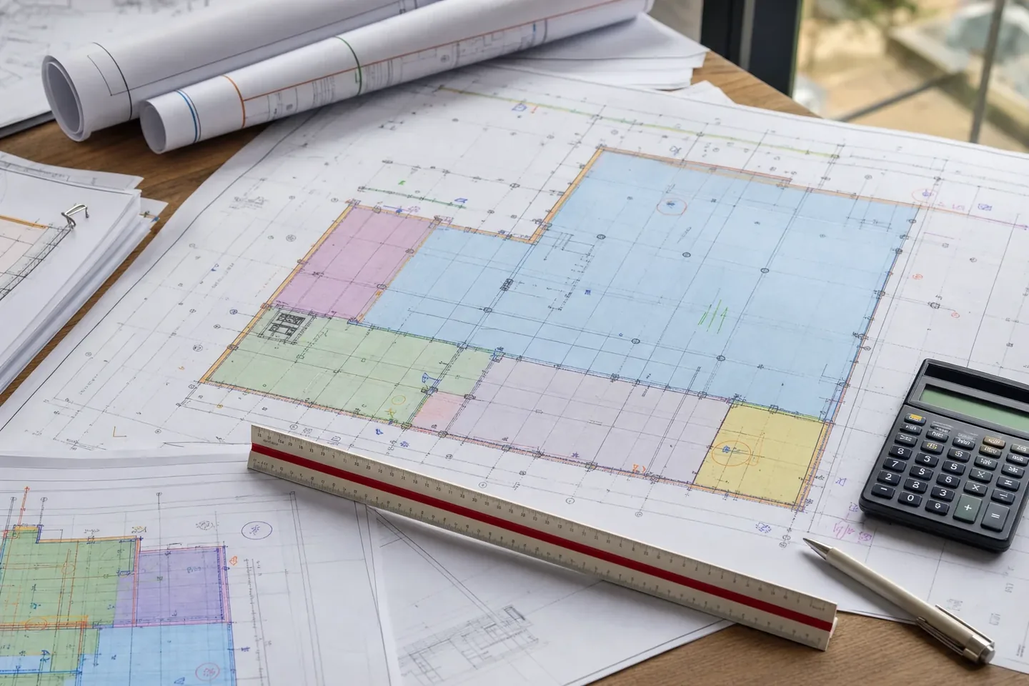 Colour-coded concrete takeoff markups on construction plans in Perth