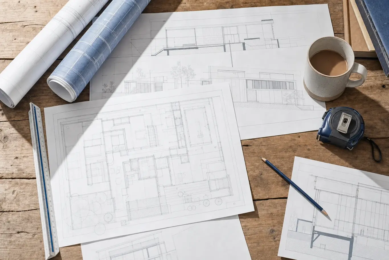 Construction drawings, a scale rule and a tape measure spread across a builder's kitchen table