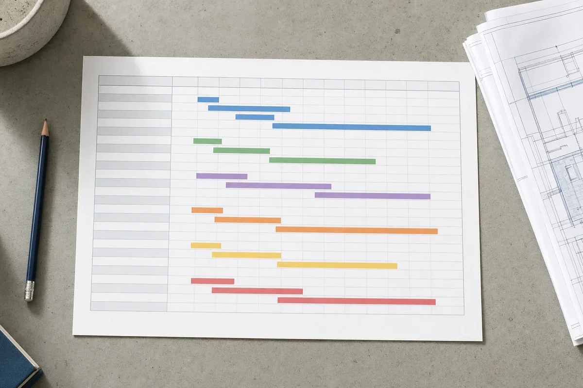 Printed construction programme chart with coloured activity bars laid out on a desk beside folded drawings