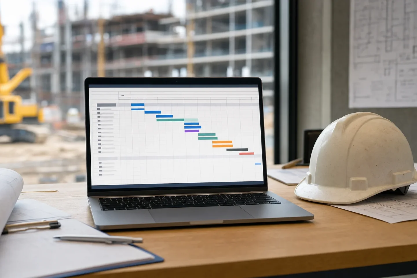 Construction schedule Gantt chart on a laptop at a Perth site office