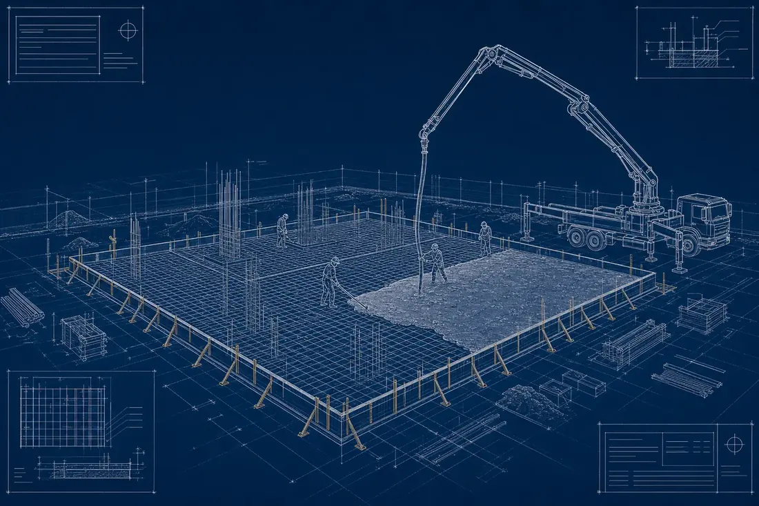 Blueprint line-drawing of a Perth construction site slab pour with rebar, formwork and a concrete pump truck