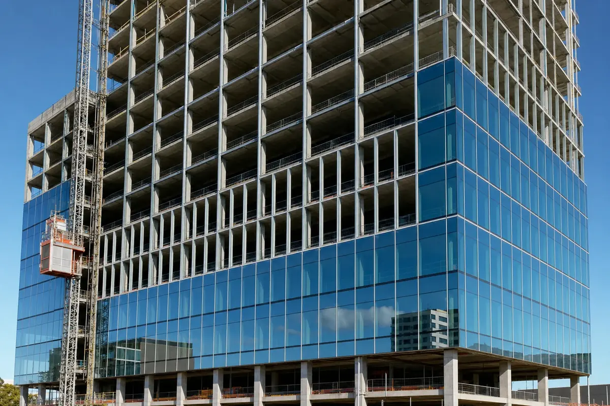 Multi-storey commercial building with a glazed aluminium curtain wall facade part way through installation