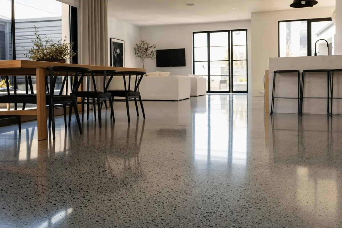 High-gloss salt and pepper polished concrete floor in a modern Perth home