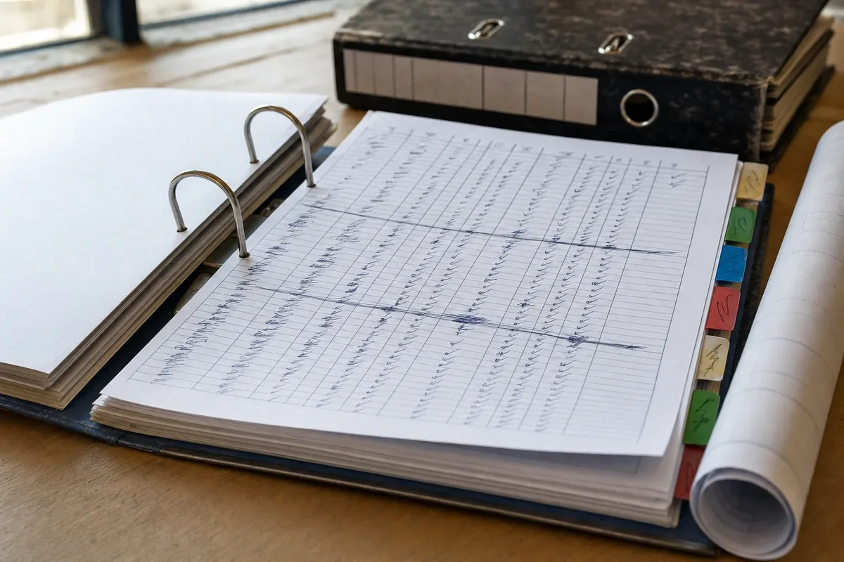 Open lever-arch binder on a site office desk showing a ruled register page marked up by hand, with coloured index tabs down the edge and a second binder behind it