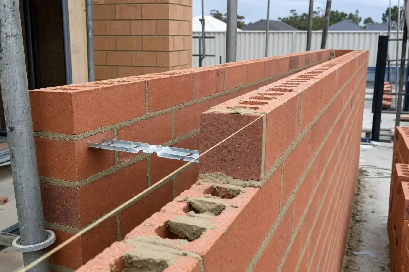 Brick wall being laid to a stringline on a Perth residential site with fresh mortar along the top course