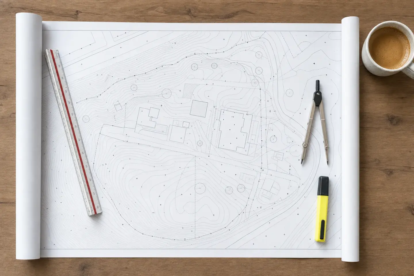 Site survey drawing with contour lines and spot levels laid out with a scale rule and dividers