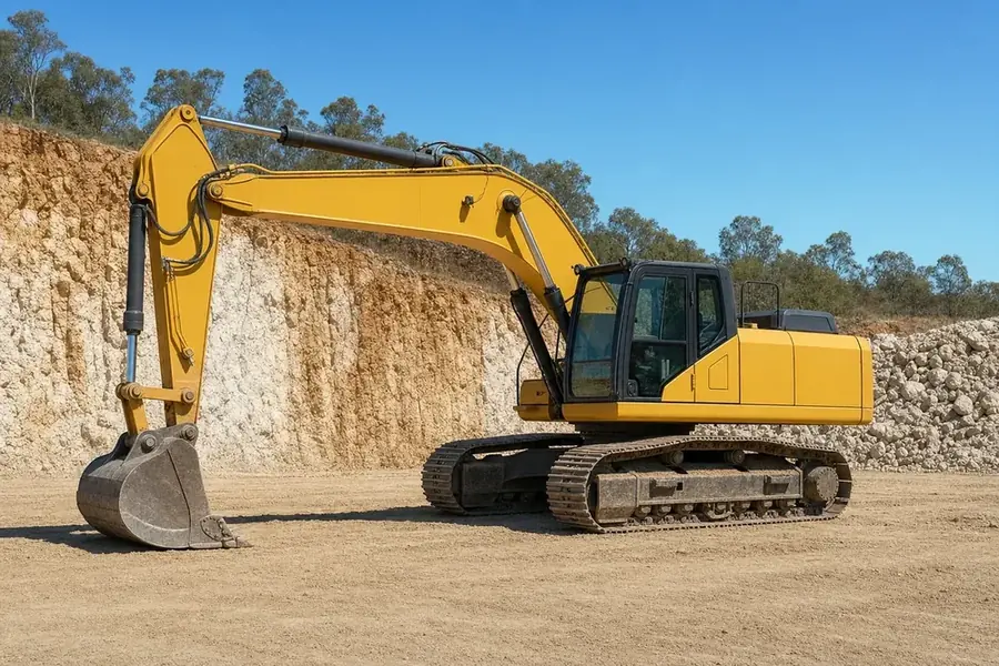 Tracked excavator parked on a graded sand pad beside a limestone cut face at a Perth earthworks site