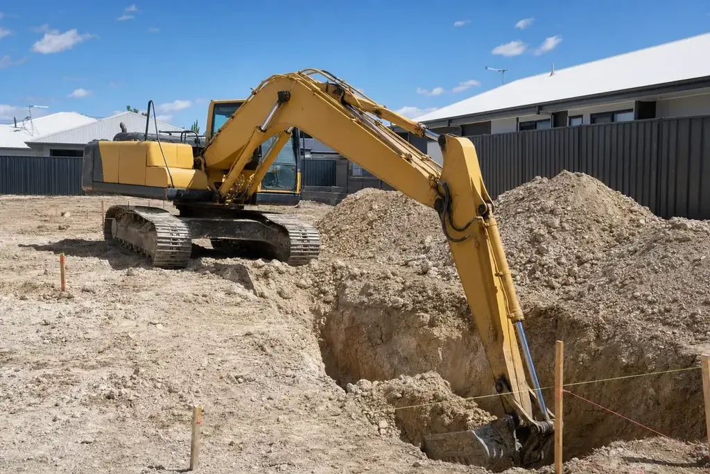 Tracked excavator digging a foundation trench on a Perth residential building site