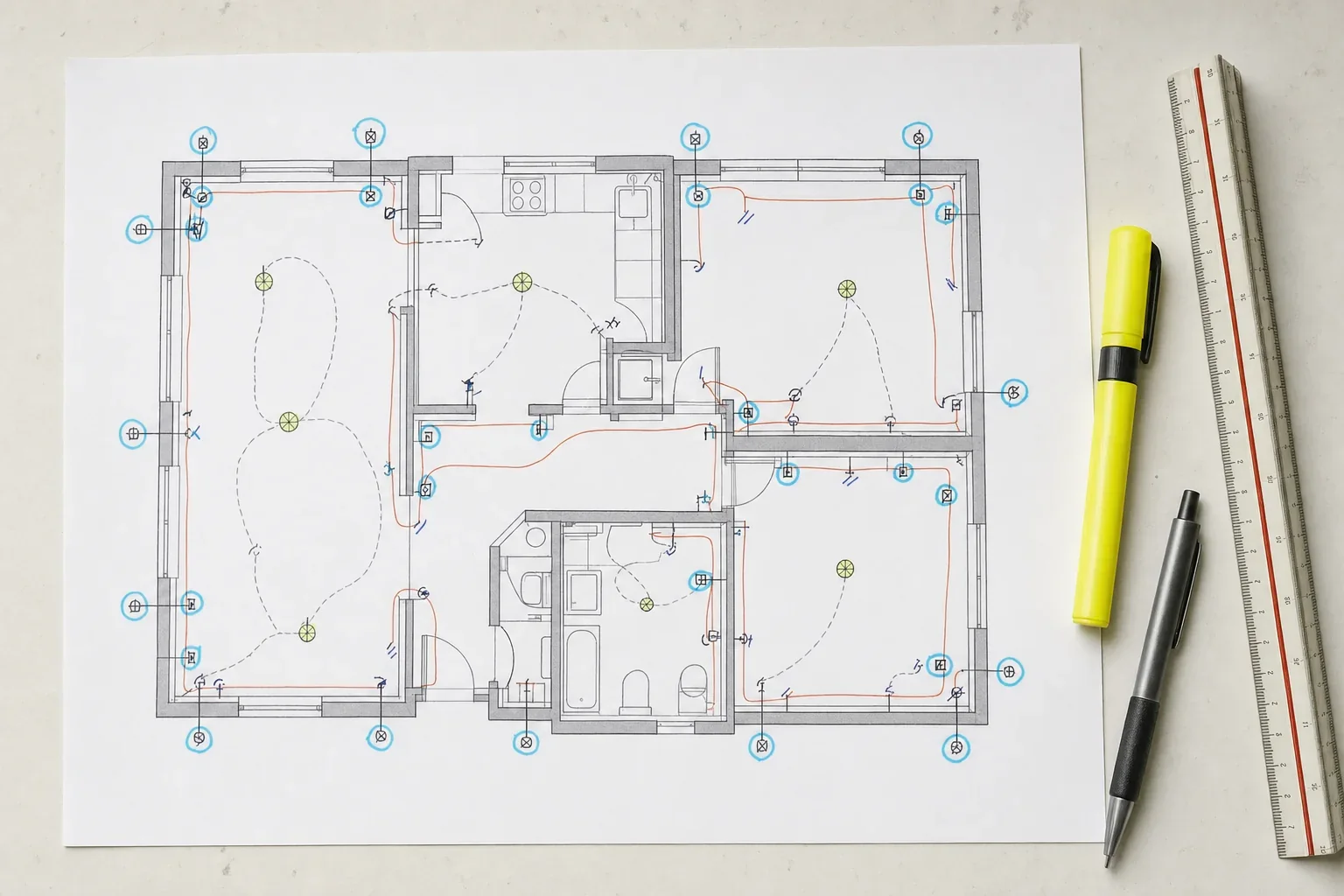 Residential electrical floor plan marked up by hand, outlet symbols ringed in highlighter and cable routes traced along the walls