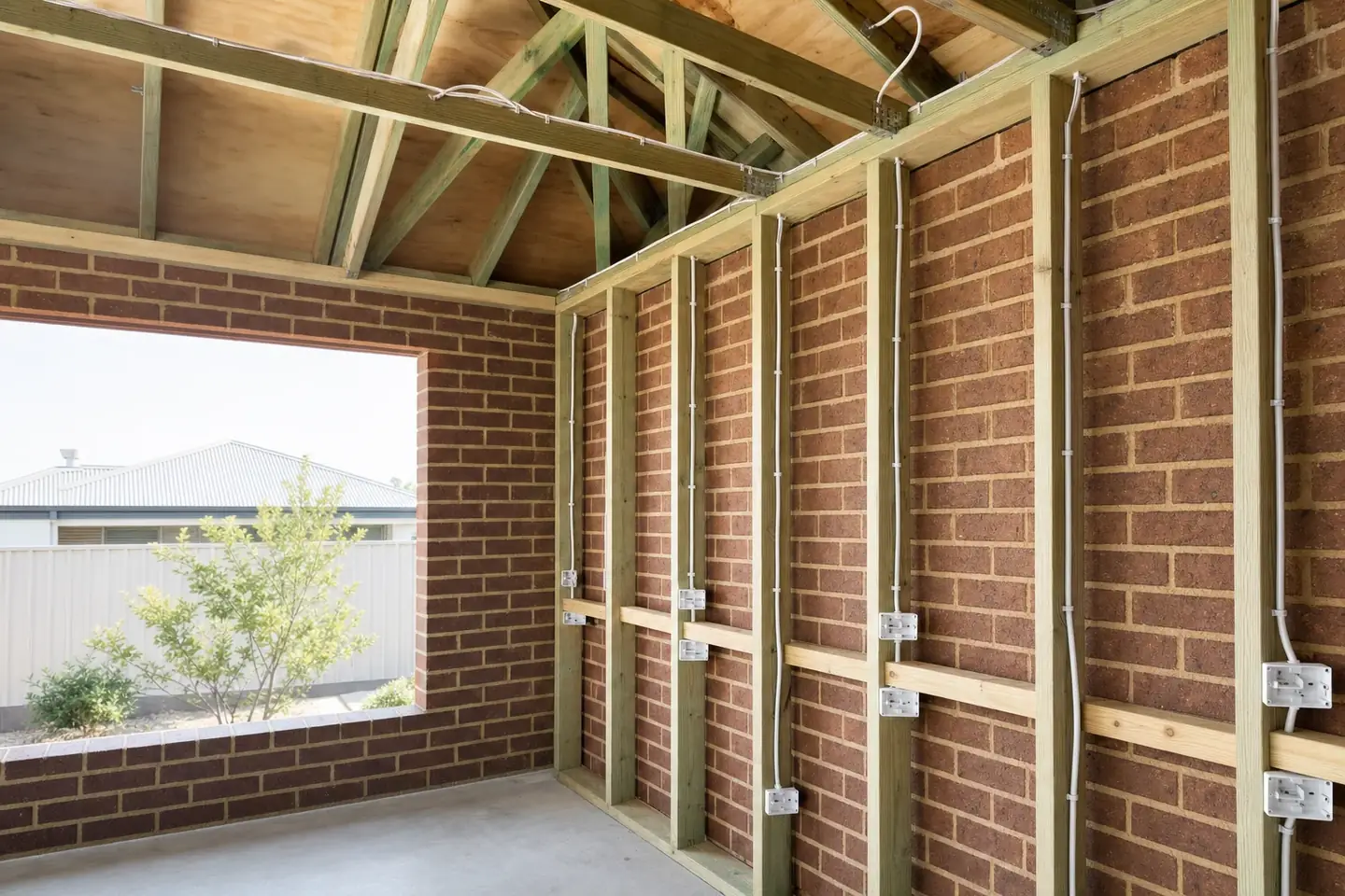 Electrical rough-in on a Perth brick home, cables dropped down timber battens fixed to the brickwork with brackets set ready for power points
