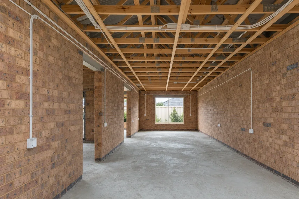 Unlined room in a Perth house at rough-in stage with cable run along the roof framing and dropped down the brickwork to outlet boxes