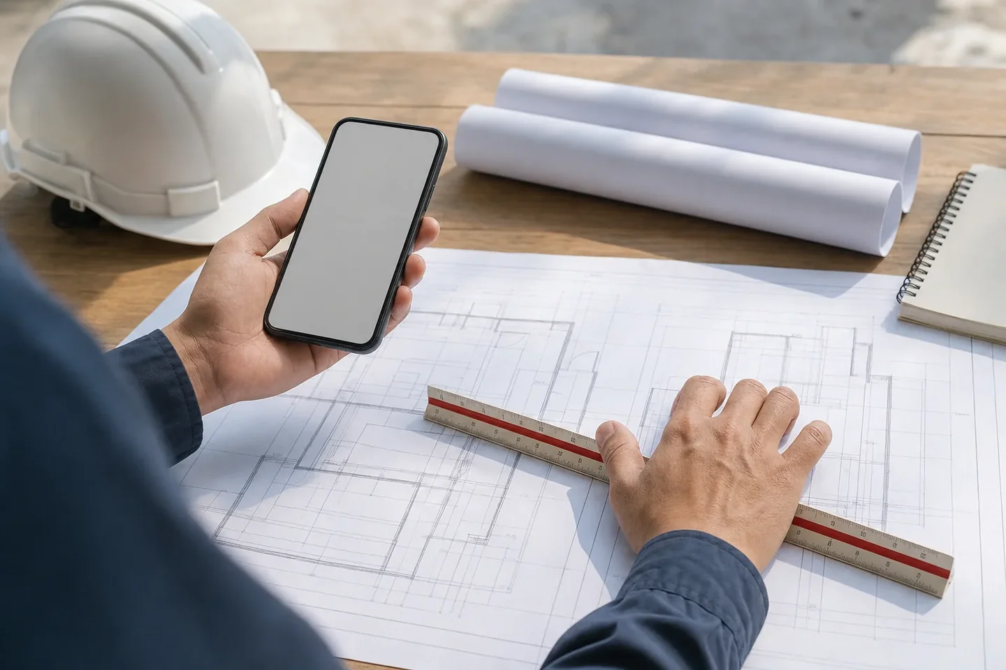 Hands resting on a set of construction drawings with a scale rule and a mobile phone alongside