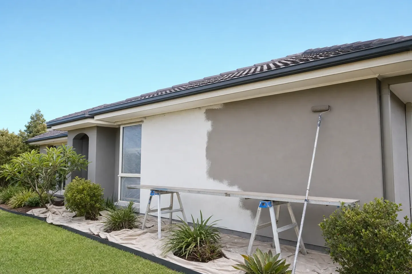 Rendered brick home mid repaint with trestles, a plank and drop sheets set up along the wall