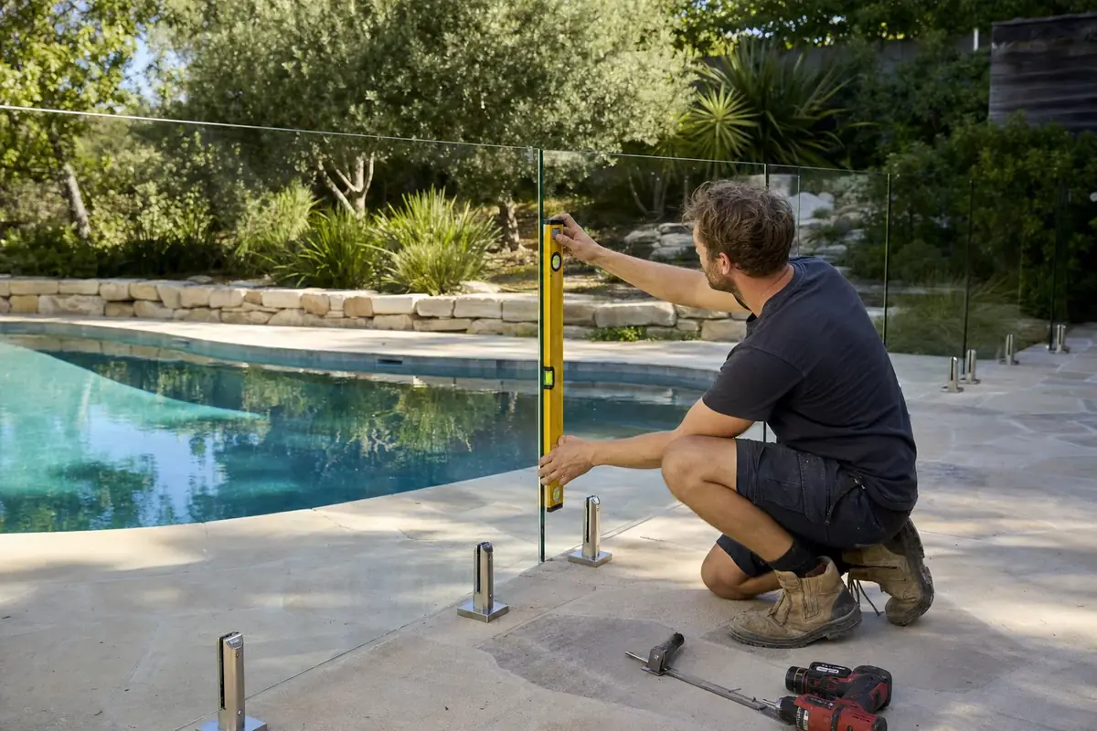 Frameless glass pool fence panel held plumb on stainless steel spigots beside a paved Perth pool surround