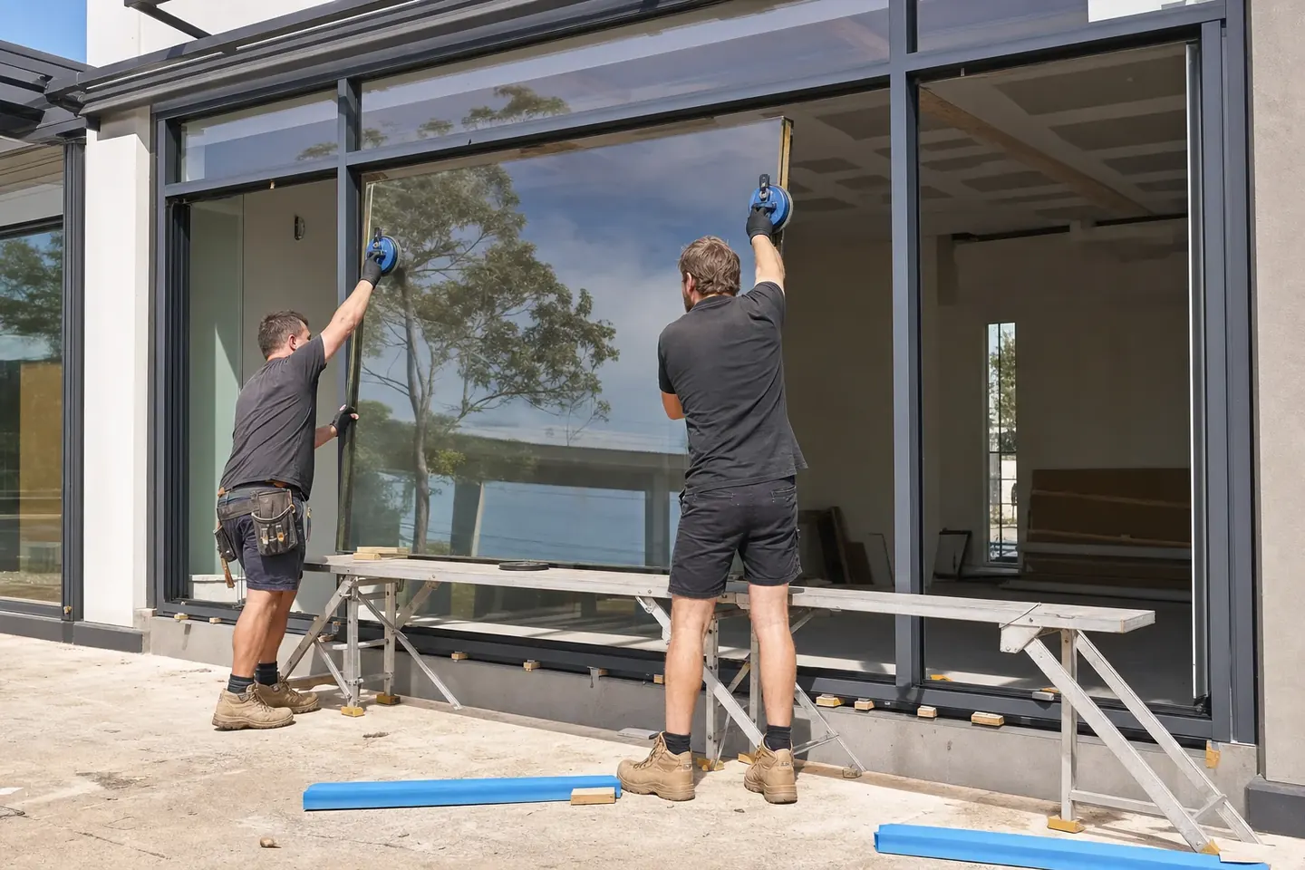 Two glaziers using vacuum suction lifters to set a large glass pane into an aluminium shopfront frame