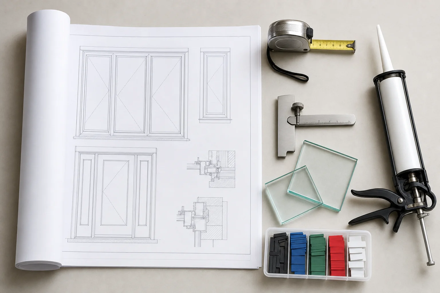 Rolled window and door elevation drawings beside a tape measure, glass samples, thickness gauge and silicone gun