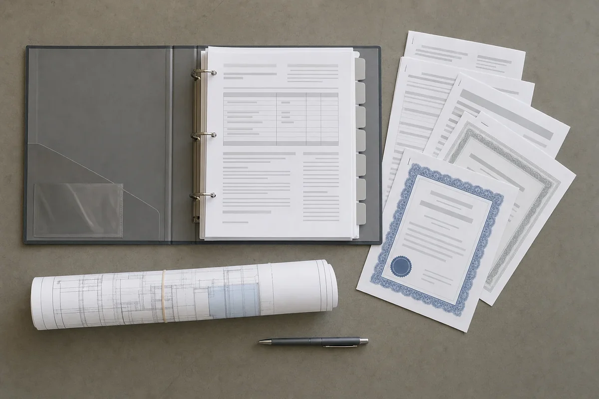 Handover documentation set laid out on a bench: an open ring binder with tabbed dividers, certificates and a rolled set of as-built drawings