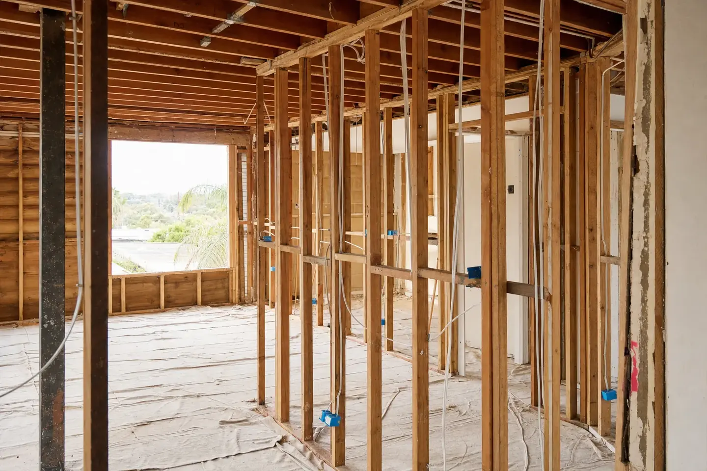 Perth home interior stripped back to timber wall framing during a renovation