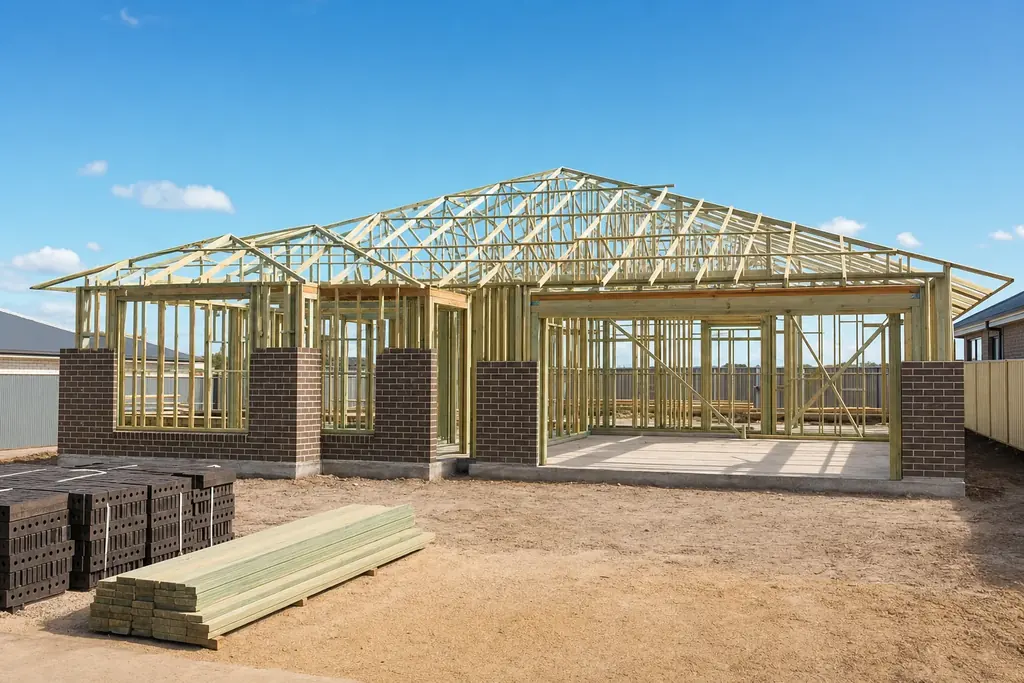Residential house build at frame stage with roof trusses up and brickwork partly laid