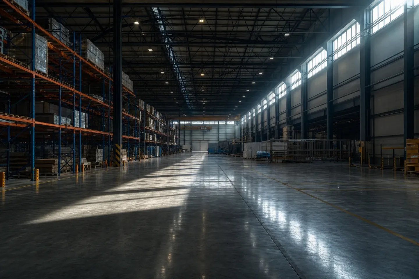 Sealed polished concrete floor running the length of a Perth industrial warehouse