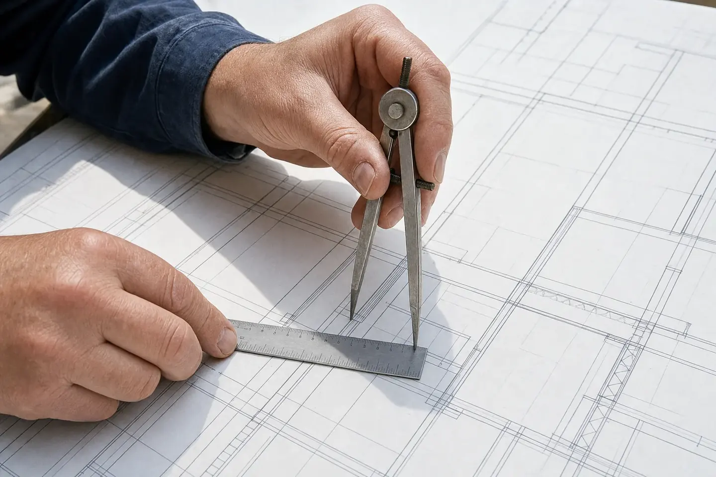 Hand measuring a dimension on a large construction drawing with a metal scale rule and dividers