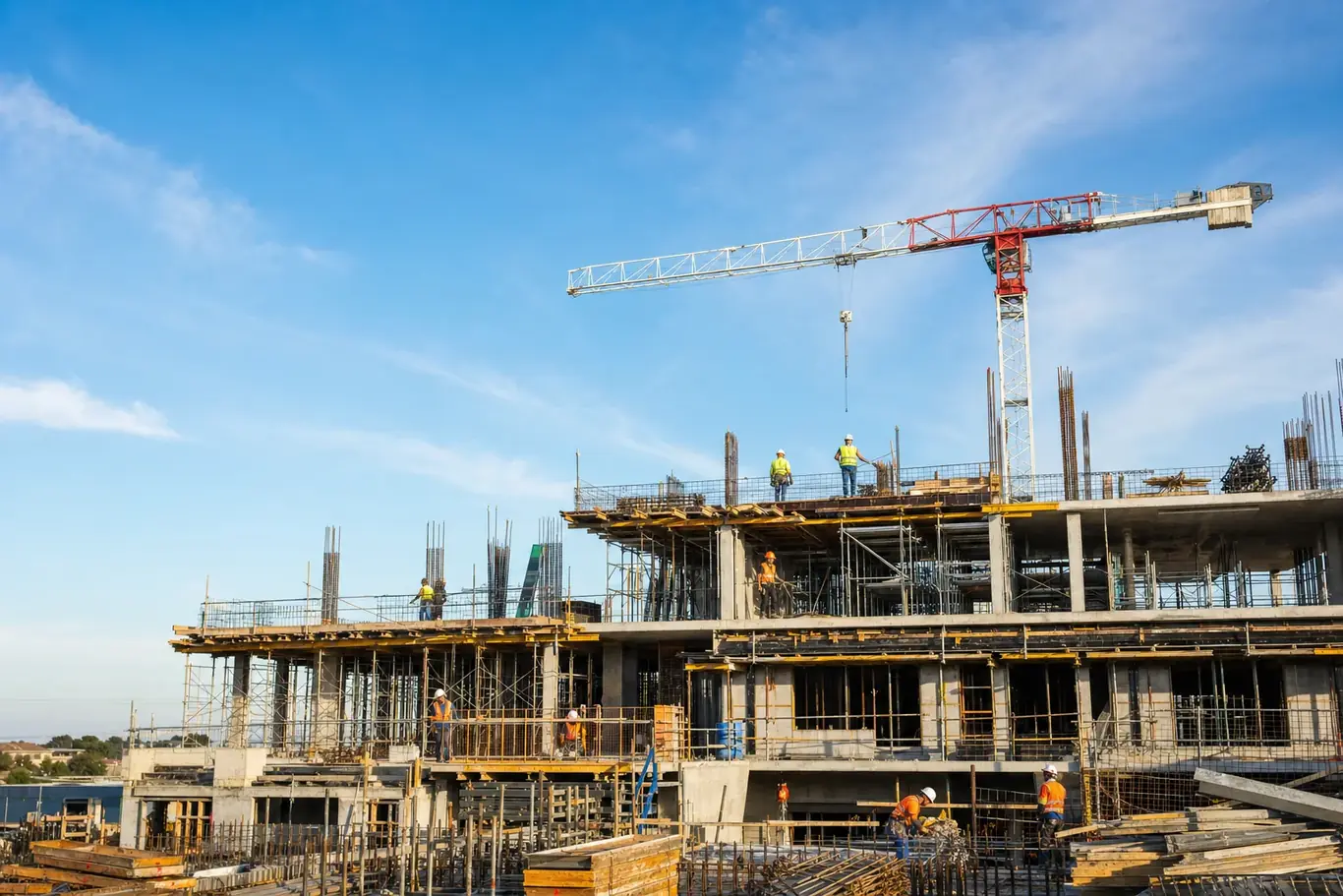 Multi-storey residential construction project with scaffolding, formwork and a tower crane